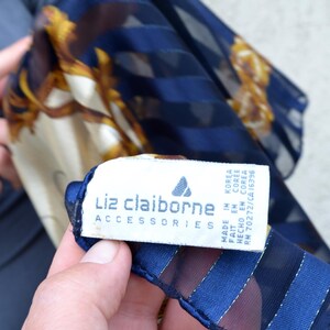 Blue White Large Striped Scarf with Gold Keys 35", Satin and Sheer Chiffon Stripes Navy Blue Yellow Baroque Print Shawl, LIZ CLAIBORNE Korea