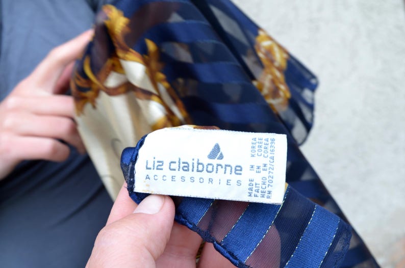 Blue White Large Striped Scarf with Gold Keys 35", Satin and Sheer Chiffon Stripes Navy Blue Yellow Baroque Print Shawl, LIZ CLAIBORNE Korea