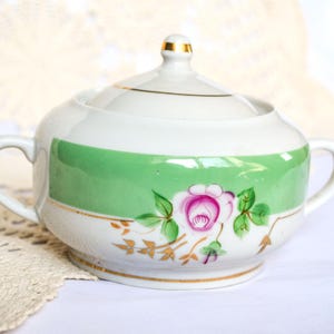 Porcelain Sugar Bowl Pot Jar with Lid, Floral Old Country Roses Hand Painted White Green Gold Accents Shabby Shic Kitchen