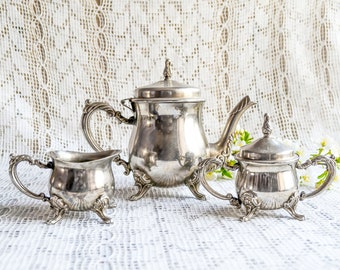 Antique Victorian Footed Coffee Pot, Tea Pot, Creamer, Sugar Bowl,  Silver Plated Coffee Set Rococo Style Kitchen Decor