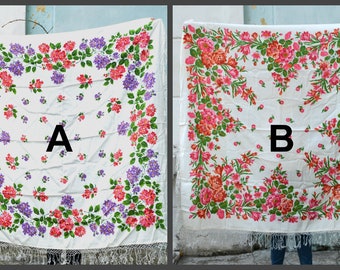 Vintage large cotton white floral shawl wrap pink crocus wildflower pastel boho wedding festival bohemian scarf, gift for her