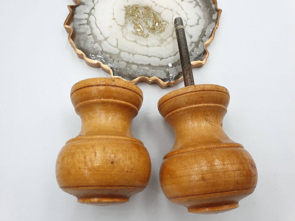 Vintage wood pair door knobs handles round drawer knobs Etsy