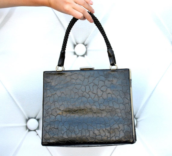 Vintage black metal frame handbag 50s clutch with… - image 2