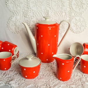 Porcelain Coffee Mokka Service Set KAHLA Red Polka Dot, German 70s Tableware, China Art Deco Demitasse Espresso Cups