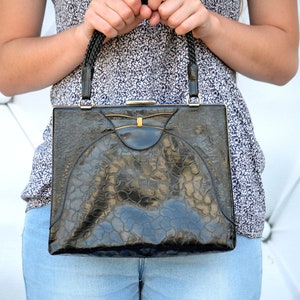 Vintage Black Formal Handbag Clutch Metal Frame with Wicker Top Handles,  Womens Evening Vegan Leatherette Retro Bag
