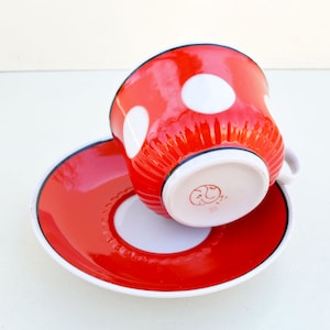 Polka Dot Ceramic Cup and Saucer, Red White Tea Set, Mid Century 50s Retro kitchen, Ceramic Coffee Mug