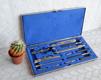 Vintage Drawing Set, Drafting tools, Old School supplies, engineer gift, mathematical compass, Art Supplies