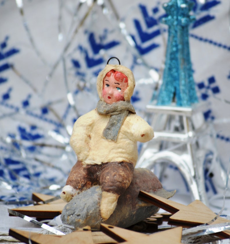 Boy on rocket,Christmas Ornament,first christmas,spun cotton ornament,vintage christmas,Paper Mach\u00e9 figurine,christmas decoration,space gift