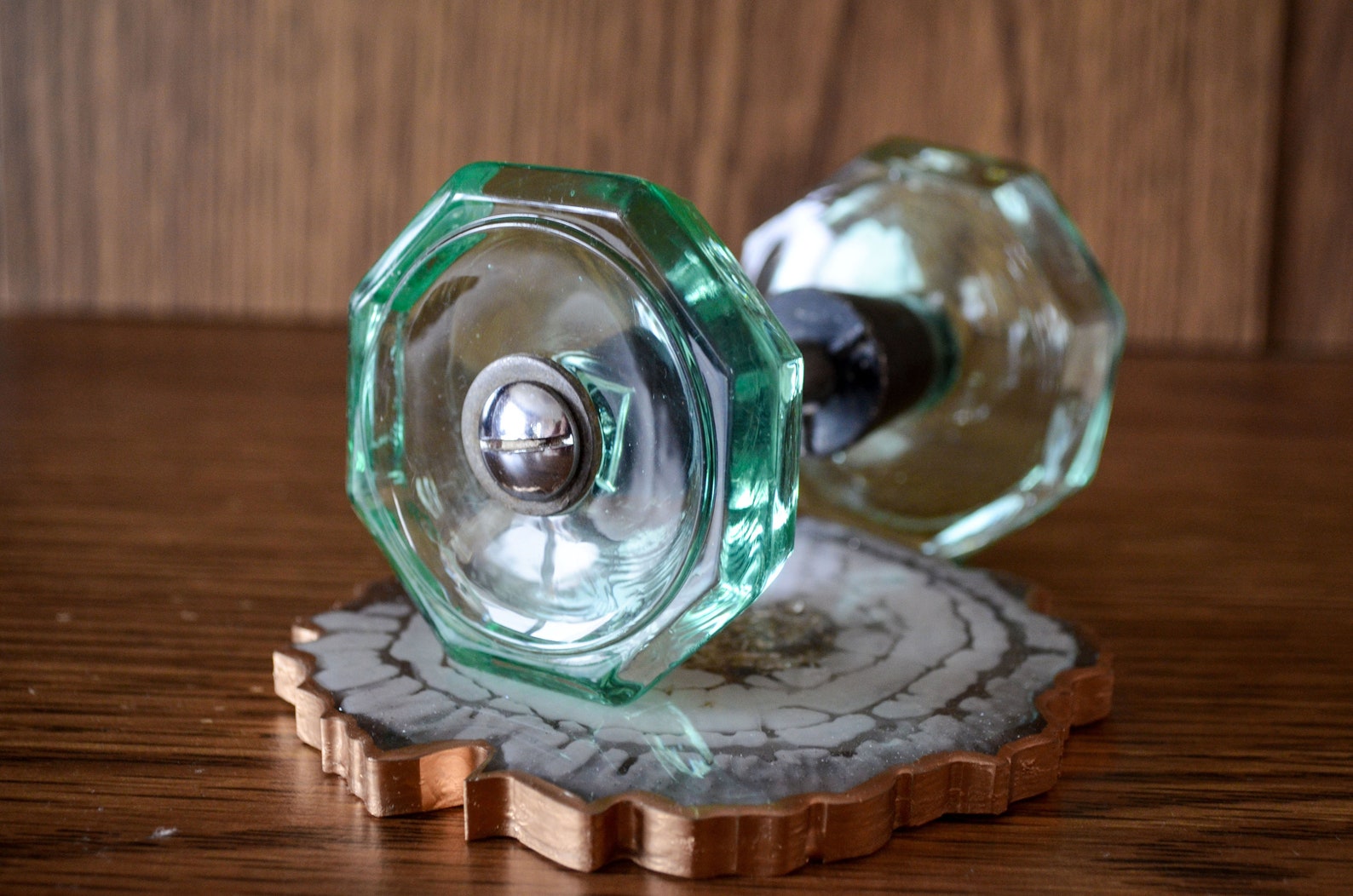 Vintage green glass door knob handle pair сlear crystal door Etsy