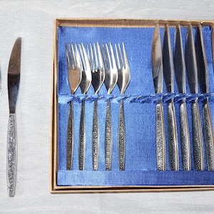 Silverware 6 Persones Set in Original Box Forks & Knives Floral Handles, Vintage Stainless Steel Cutlery Flatware Retro Kitchen