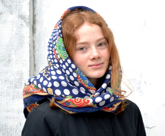 Gift for her vintage red blue silk scarf with whit