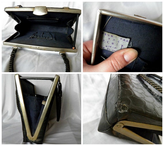 Vintage black metal frame handbag 50s clutch with… - image 7