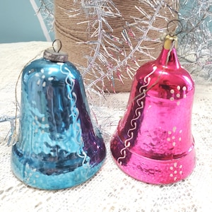 Vintage 50&#39;s Glass Bells Pink and Blue Hand Painted Christmas Tree Ornament, Collectible Christmas Tree Decor