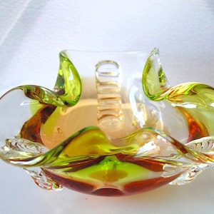 Vintage Murano Style Glass Dish Ashtray – Green & Amber Hand Blown Leaf Trinket Bowl, Mid-Century Thick Heavy Art Glass Catchall