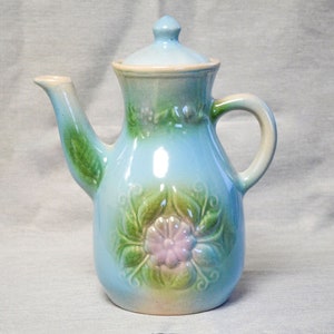 Tall Ceramic Teapot with Lid Pastel Blue Green Pink Flower Relief, Glazed Pottery Floral Majolica Tea or Coffee Pot, Farmhouse Kitchen Decor