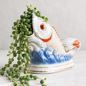 Vintage Ceramic Fish Planter, Porcelain Koi Succulent Pot, Nautical Bathroom Coastal Toothbrush Holder, Makeup Brush Cup, Beach House Decor