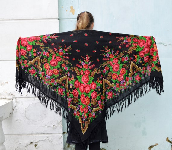 Vintage ukrainian shawl wrap, head folk art ethni… - image 1