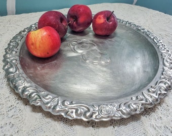 Vintage silver Round Platter, decorative Trinket catch all jewelry Vanity tray, bear Olympiad Moscow 80, metal Serving coffee table tray