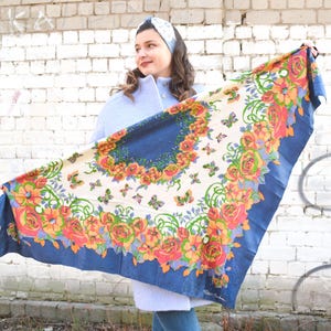 Vintage Peter Hahn Floral Butterfly Scarf 40", Large Square Shawl from Germany, Colorful Head Wrap, Jacquard Pure Silk Shawl Blue Red White