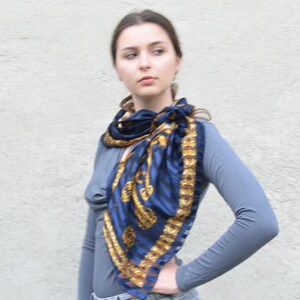 Blue White Large Striped Scarf with Gold Keys 35", Satin and Sheer Chiffon Stripes Navy Blue Yellow Baroque Print Shawl, LIZ CLAIBORNE Korea