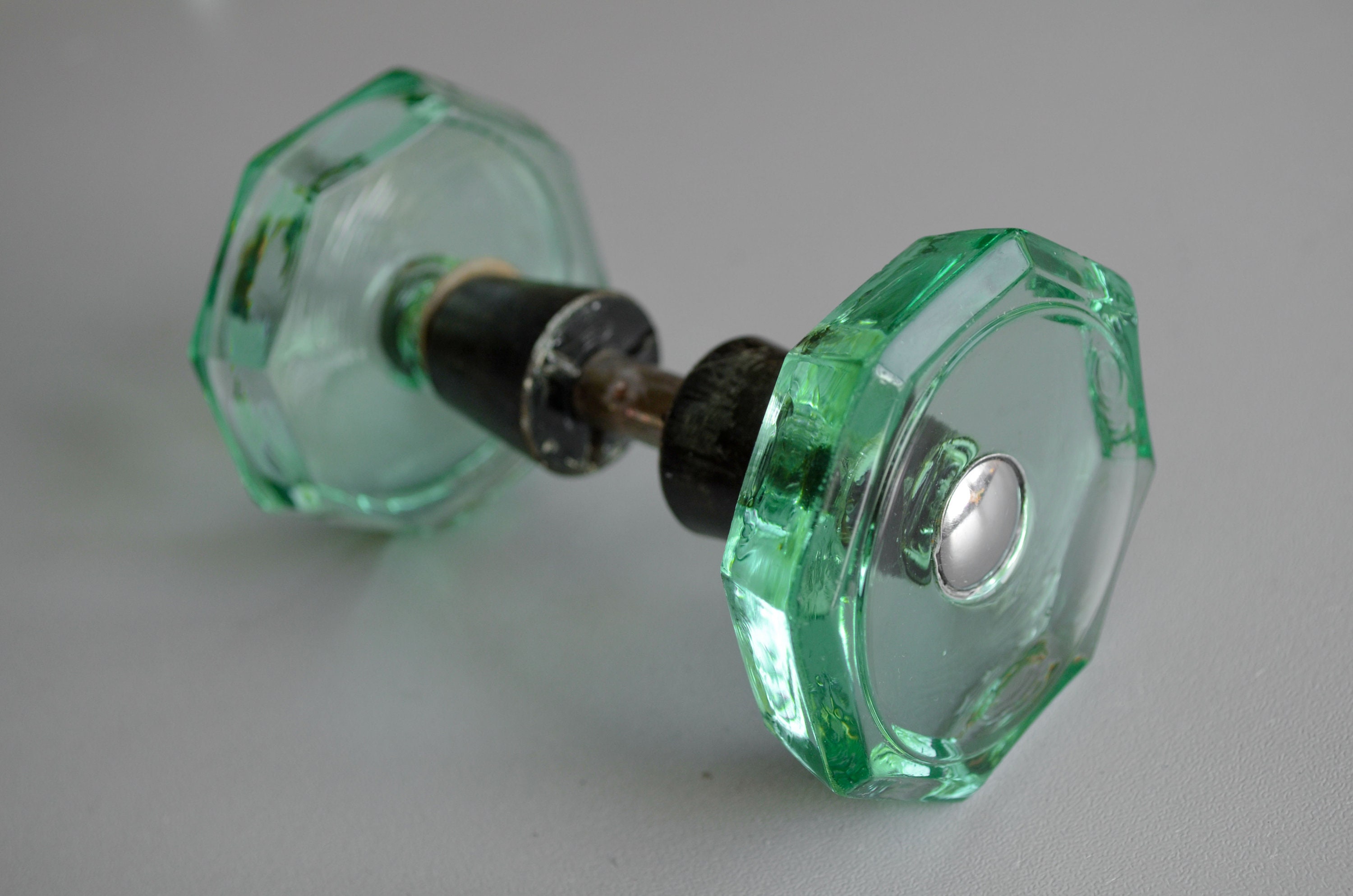 Vintage green glass door knob handle pair сlear crystal door Etsy