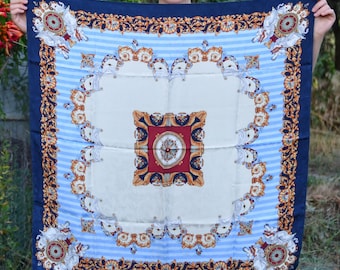 Vintage Blue Gold White Silk Scarf 34” Baroque Victorian Italian Designer Style Square Neck Head Scarf Gift for Her