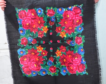 Vintage Black Wool Floral Square Scarf, Slavic Traditional Ethnic Folk Boho Head Neck Shawl, Polish Romanian Ukraine Headscarf