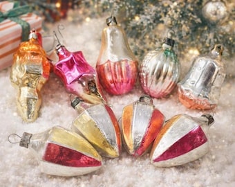 50s Gold Yellow Red Glass Set 9pcs Christmas Tree Ornaments, Xmas Decoration, Vintage Traditional New Year Hanging Tree Decor
