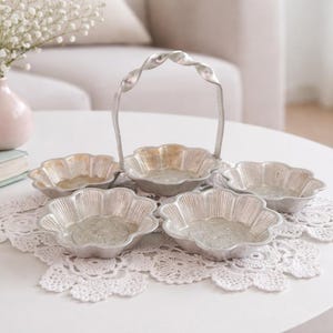 Vintage Serving Set 5pcs Nesting Scalloped Metal Bowls Silver Tone Flower, Stacked Trinket Dish, Condiment Holder with Handle
