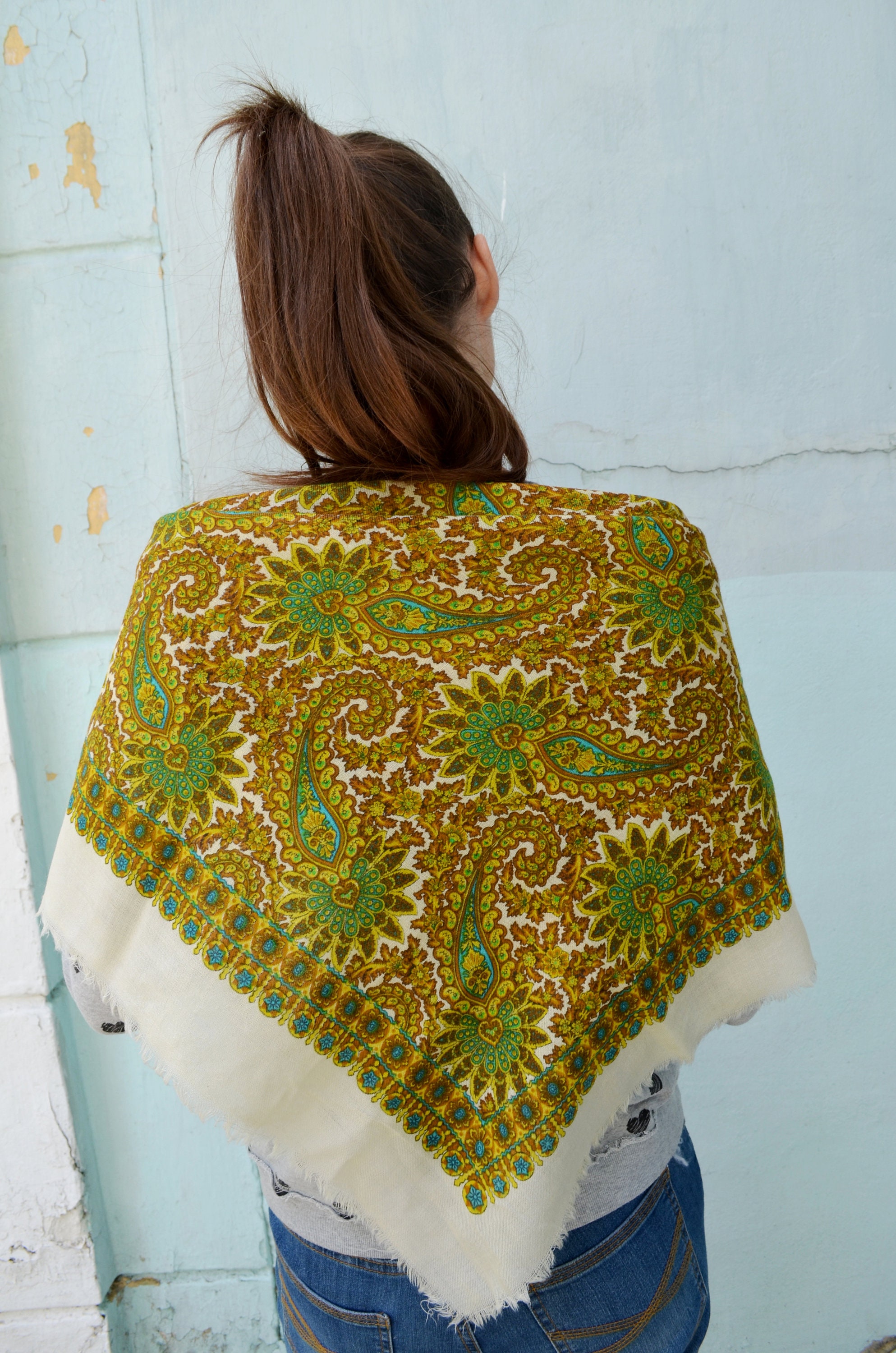 Vintage green Scarf women Gift for her wool square scarf Etsy