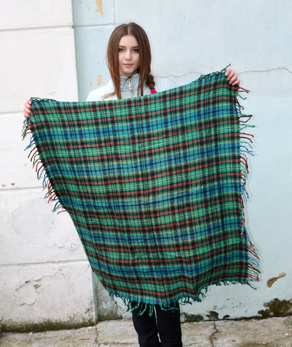 Vintage green blue wool scarf, scottish tartan, pl