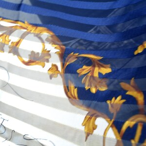 Blue White Large Striped Scarf with Gold Keys 35", Satin and Sheer Chiffon Stripes Navy Blue Yellow Baroque Print Shawl, LIZ CLAIBORNE Korea