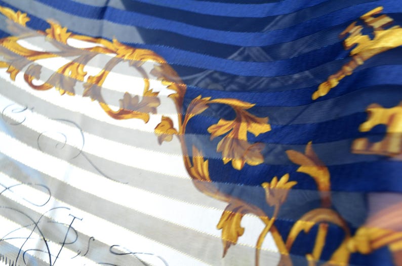 Blue White Large Striped Scarf with Gold Keys 35", Satin and Sheer Chiffon Stripes Navy Blue Yellow Baroque Print Shawl, LIZ CLAIBORNE Korea
