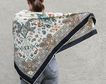 Vintage large silk scarf shawl, geometric Aztec designer square silk head scarf for women, hair bohemian scarf