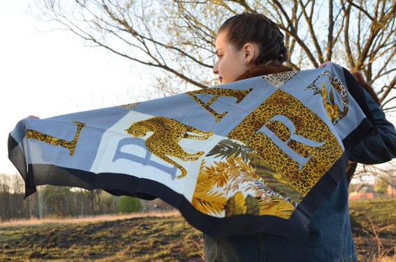 Vintage silk square scarf leopard animal print, s… - image 4