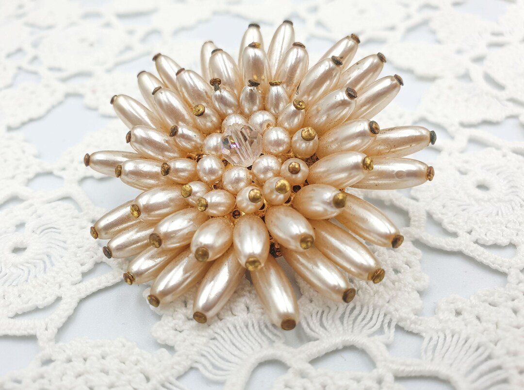 Vintage Beaded Flower Ivory Brooch White Faux Pearl, 50s Retro Czech