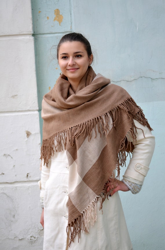 Vintage tartan shawl wrap, plaid beige fringed war