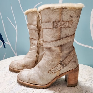 Vintage FUN & CO Mid Calf Boots with Straps US 8 Beige Textured Suede Leather with Fur, Zipper High Heel Platform Sole, Round Toe