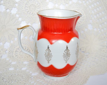 Vintage White Ceramic Pitcher Vase Red Victorian Farmhouse Kitchen Water Drink Milk Jug - Decorative Pitcher for Home Decor