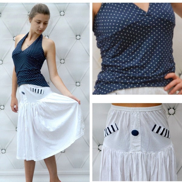 90s two piece dress, chalter blue polka dot top and white skirt set, cotton jersey summer, nautical sundress