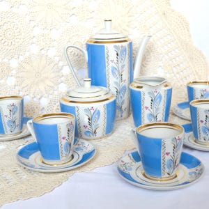 Blue White Gold Coffee Set Hand Painted Art Deco Espresso Cups and Saucers, Coffee Lover Gift Porcelain Tableware