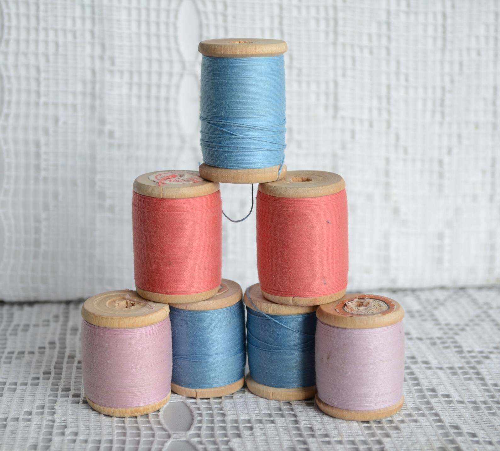 Vintage cotton Thread on wood Spools Sewing Rollers set of 7 Etsy