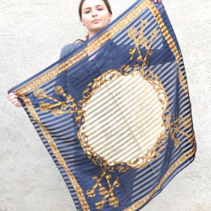Blue White Large Striped Scarf with Gold Keys 35", Satin and Sheer Chiffon Stripes Navy Blue Yellow Baroque Print Shawl, LIZ CLAIBORNE Korea