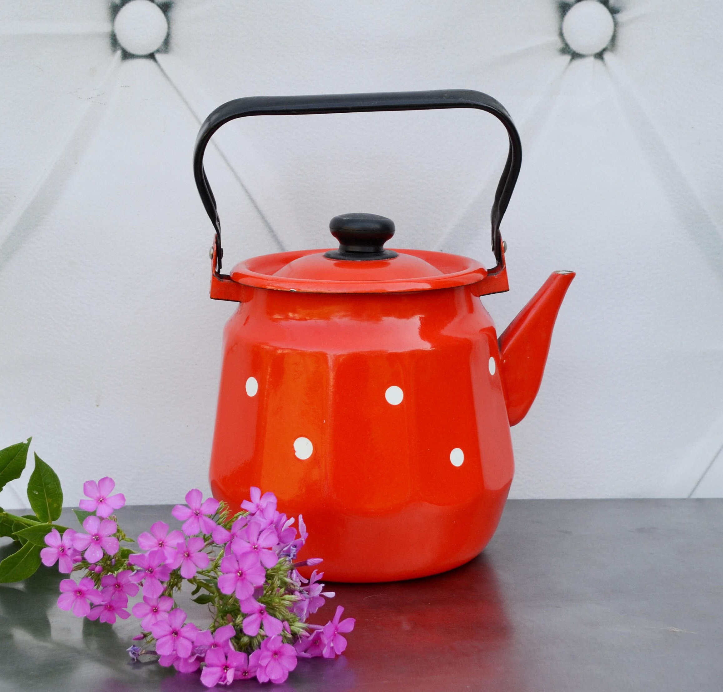 Vintage enamel tea kettle red white polka dot soviet volume 3 Etsy