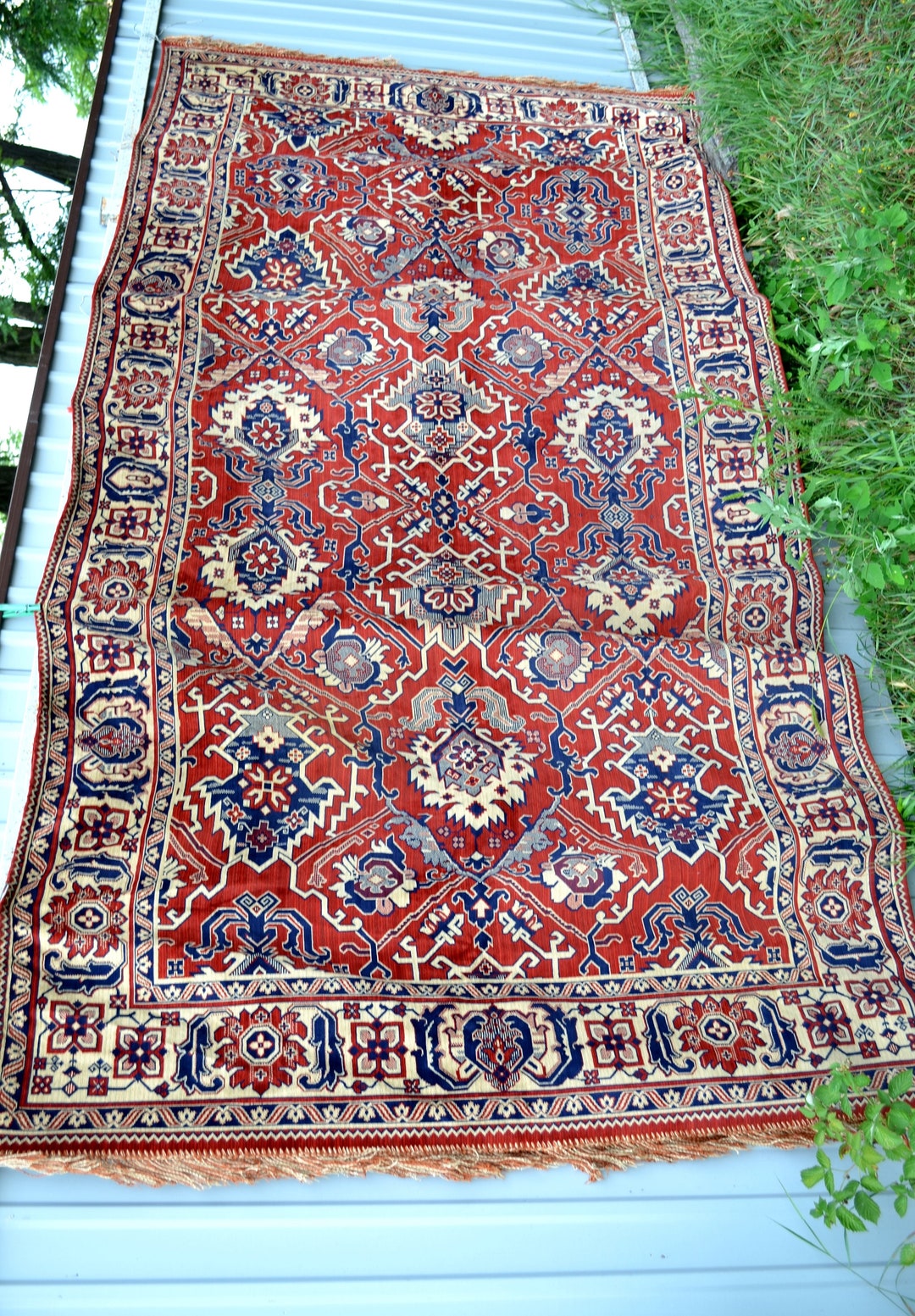 German Rug Design Vintage Flatwoven Kilim Rug German Tribal Velvet Red Blue Turkish ...