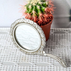 Vintage Hand Mirror in Silver Frame Daisy Bouquet Flowers Wreath, Victorian Ornate Vanity or Pocket Makeup Mirror
