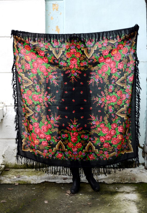 Vintage ukrainian shawl wrap, head folk art ethni… - image 2