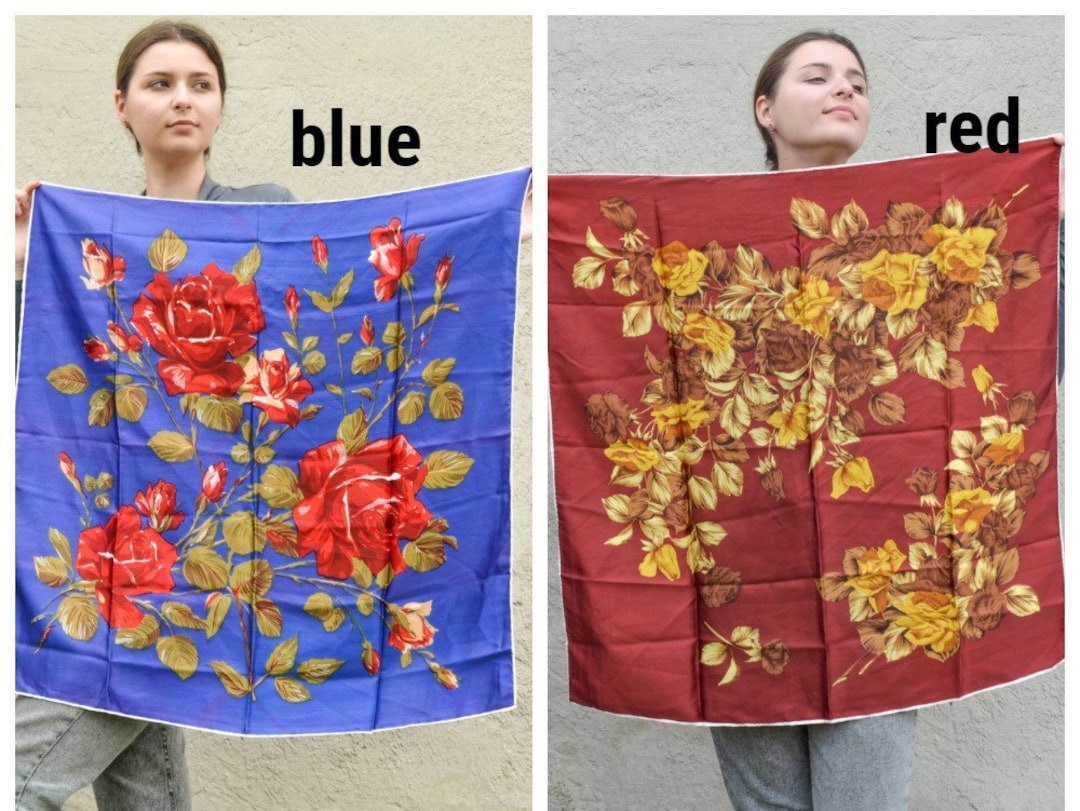 Red Blue Square Silk Scarf Red Roses, Designer Scarves for Women, Satin Floral Bandana Head Hair ...
