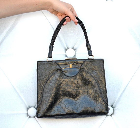 Vintage black metal frame handbag 50s clutch with… - image 1