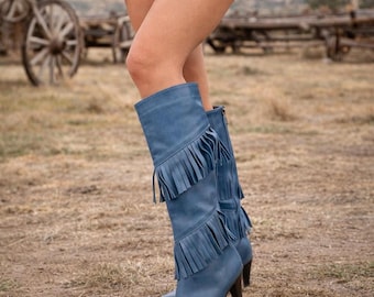 Botas vaqueras altas hasta la rodilla de cuero azul con flecos para mujer, estilo vintage western, con tacón, estilo boho, tacón medio y cremallera, ideales para festivales.